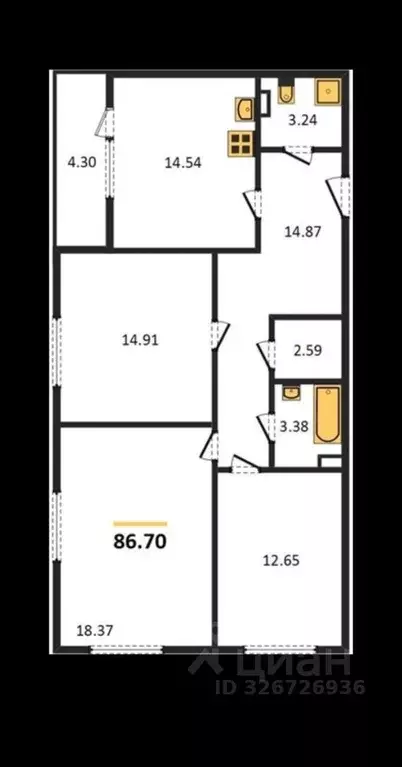 3-к кв. Воронежская область, Воронеж Краснознаменная ул., 109/1 (86.7 ... - Фото 2