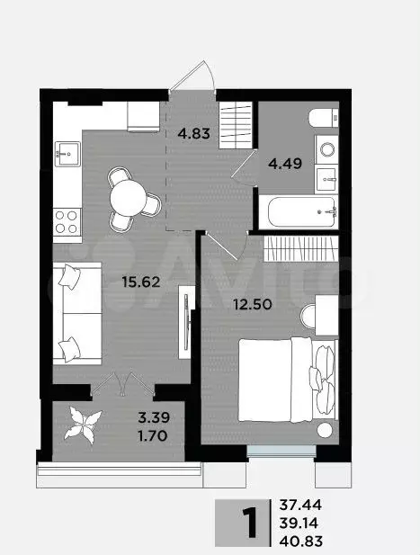 1-к. квартира, 39,1 м, 5/5 эт. - Фото 1