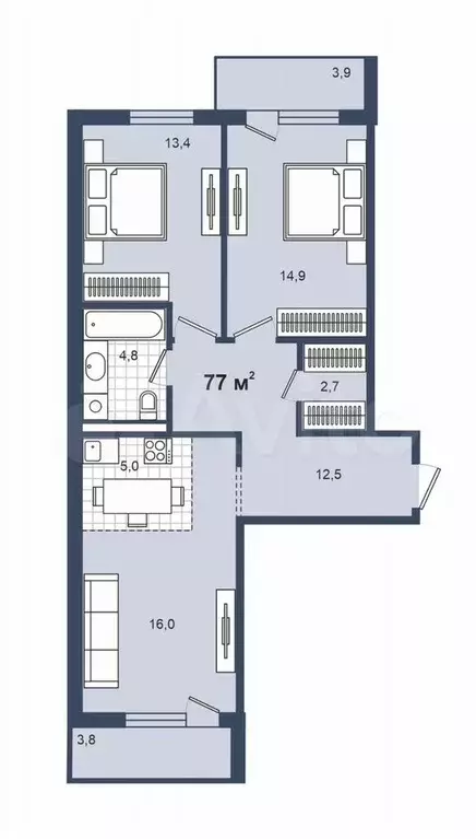 2-к. квартира, 77 м, 3/3 эт. - Фото 0