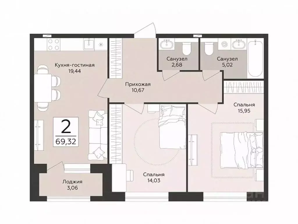 2-к кв. Воронежская область, Воронеж Эклипс жилой комплекс (69.32 м) - Фото 1