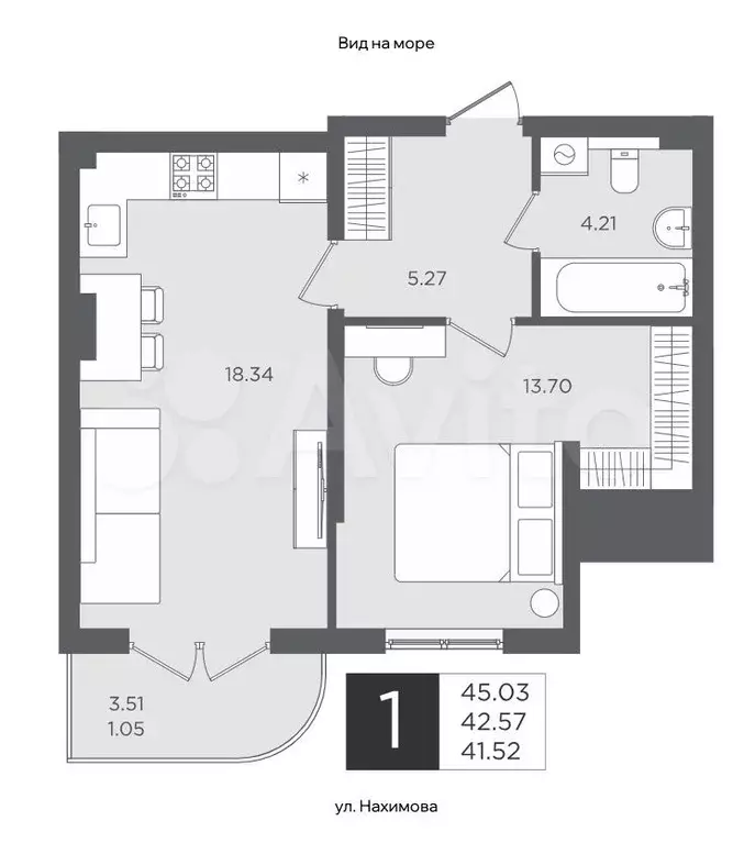 1-к. квартира, 42,6 м, 2/4 эт. - Фото 1