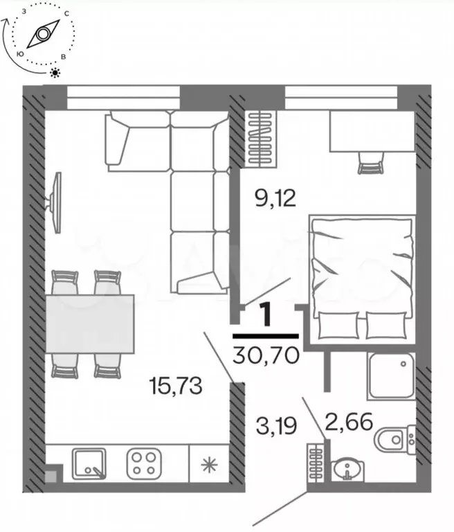 1-к. квартира, 30,7 м, 7/25 эт. - Фото 1