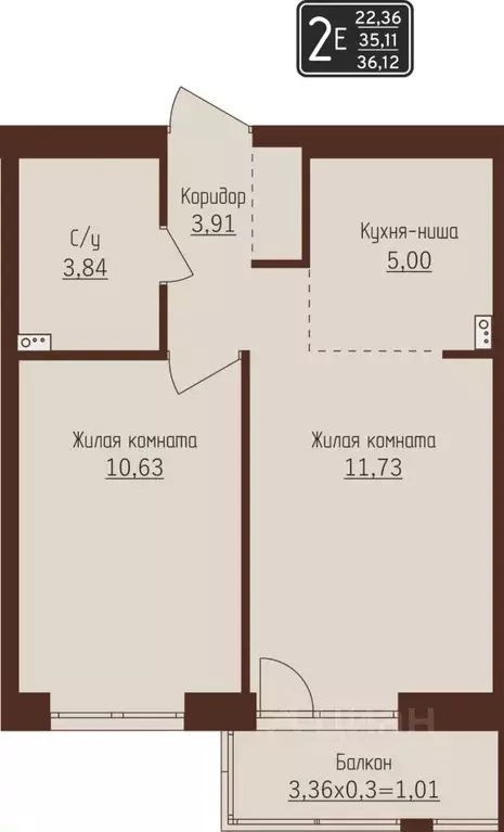 2-к кв. Пермский край, Пермь ул. Писарева, 8 (36.12 м) - Фото 1