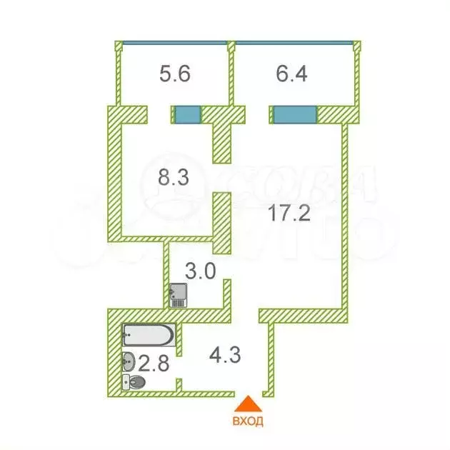 2-к. квартира, 35,6 м, 1/5 эт. - Фото 0