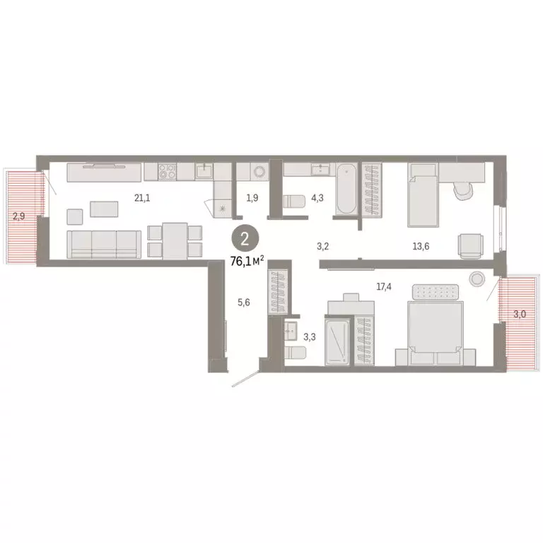 2-комнатная квартира: Тюмень, улица Республики, 205к3 (76.09 м) - Фото 1