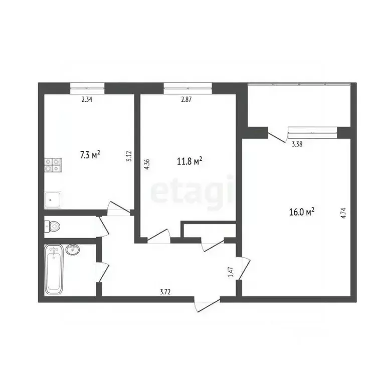2-к кв. Тюменская область, Тюмень Профсоюзная ул., 65 (43.0 м) - Фото 2