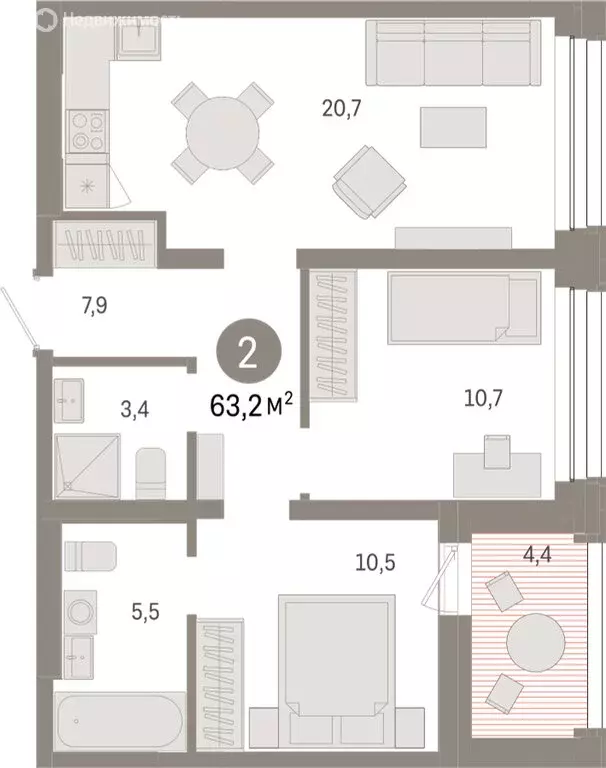 2-комнатная квартира: Тюмень, улица Муравленко, 9/2 (63.16 м) - Фото 1