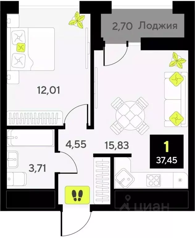 1-к кв. Тюменская область, Тюмень ул. Андрея Приказнова, 7 (37.45 м) - Фото 0