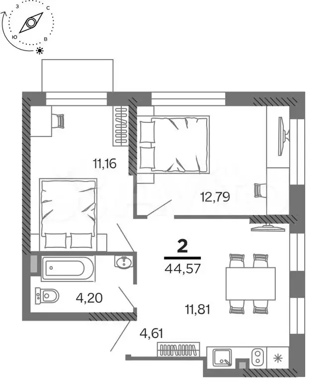 2-к. квартира, 44,6 м, 12/25 эт. - Фото 1