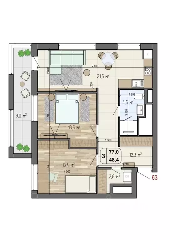 2-к кв. Москва Нахимовский просп., 73 (68.0 м) - Фото 2