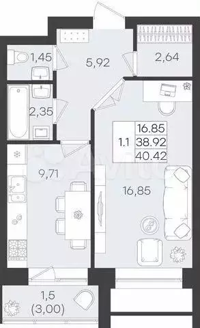 1-к. квартира, 40,4м, 5/5эт. - Фото 1