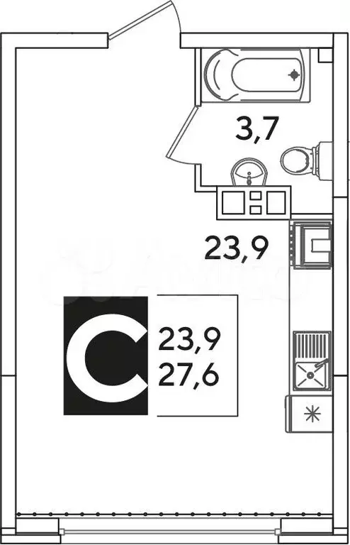 Квартира-студия, 27,6 м, 9/16 эт. - Фото 1