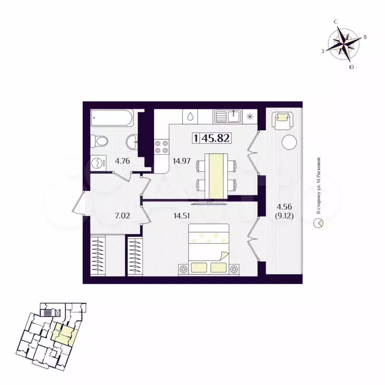 1-к. квартира, 45,8 м, 3/7 эт. - Фото 1