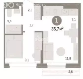 2-комнатная квартира: Новосибирск, улица Аэропорт, 2 (35.7 м) - Фото 1