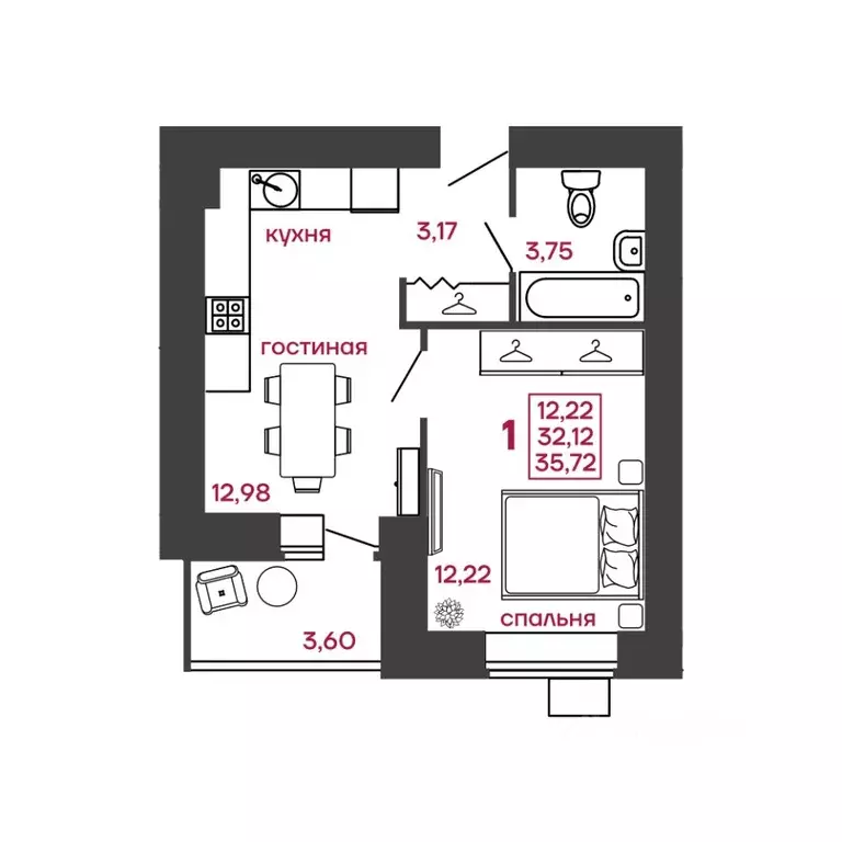 1-к кв. Пензенская область, Пенза ул. Леонова, 4 (35.72 м) - Фото 1
