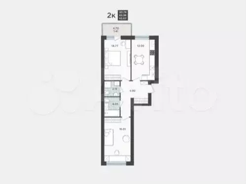 2-к. квартира, 65,7 м, 1/9 эт. - Фото 1