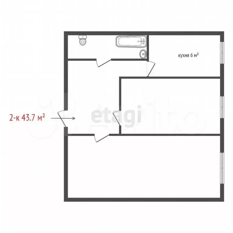 2-к. квартира, 43,7 м, 1/5 эт. - Фото 0