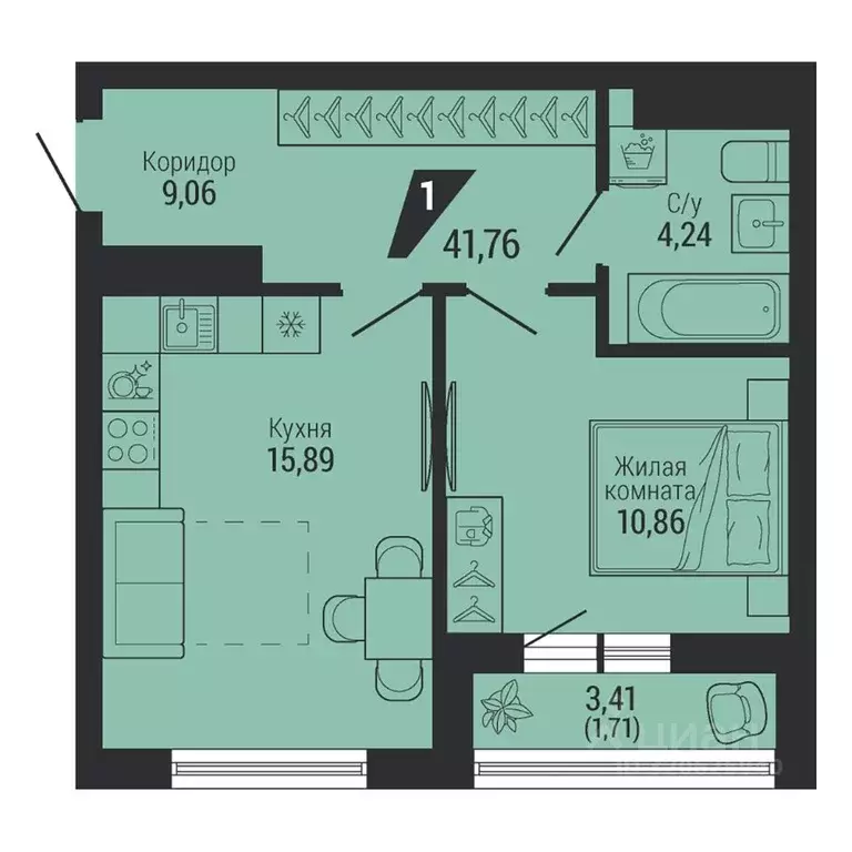 1-к кв. Свердловская область, Екатеринбург пер. Ученический, 4 (41.87 ... - Фото 1