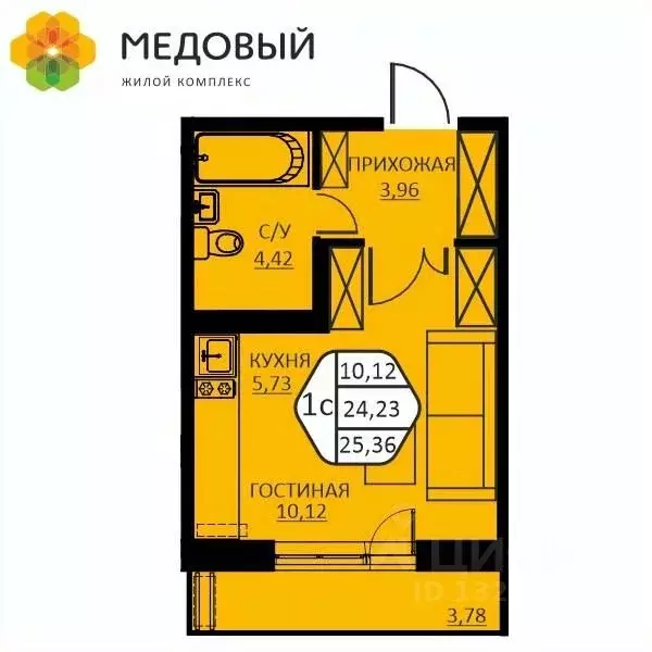 1-к кв. Пермский край, д. Кондратово ул. Н.М. Яблокова, 6 (25.36 м) - Фото 0