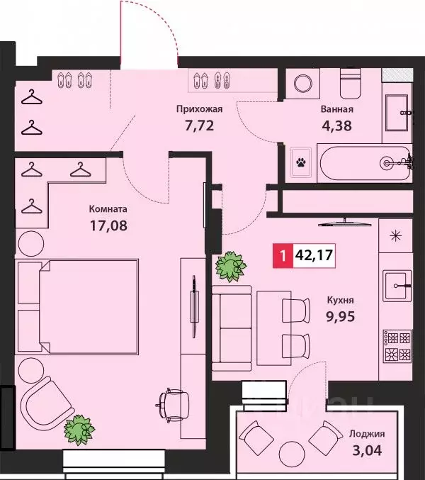 1-к кв. Тверская область, Тверь Оснабрюкская ул., 22к1 (42.17 м) - Фото 1