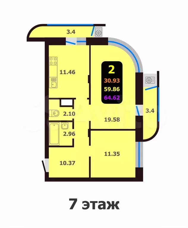 2-к. квартира, 64,5 м, 13/13 эт. - Фото 0