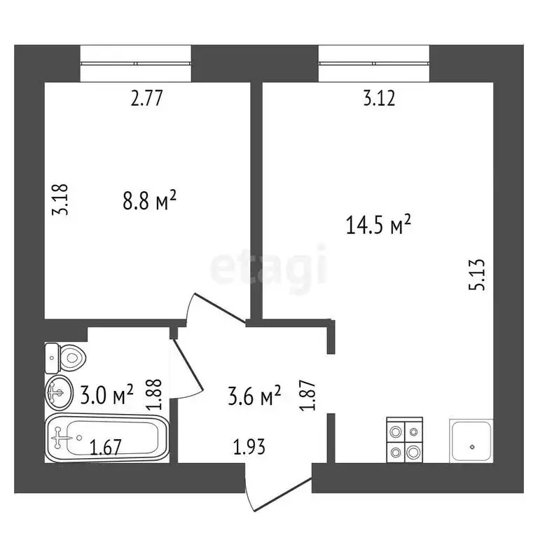 1-комнатная квартира: село Стрехнино, улица 70 лет Октября, 14 (29.5 ... - Фото 1