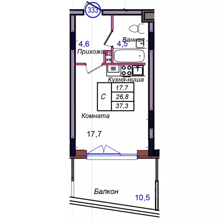Студия Калининградская область, Светлогорск Балтийская ул. (37.3 м) - Фото 1