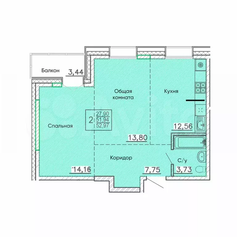 2-к. квартира, 53 м, 6/9 эт. - Фото 0