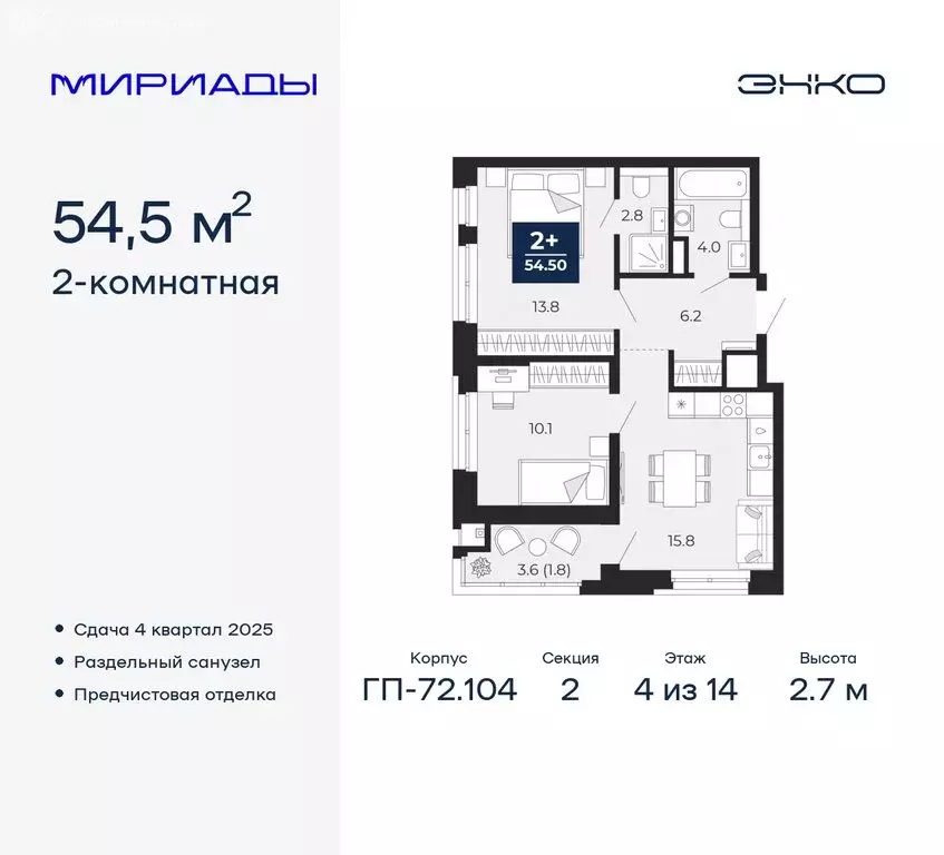 2-комнатная квартира: Тюмень, ЖК Мириады (54.5 м) - Фото 0