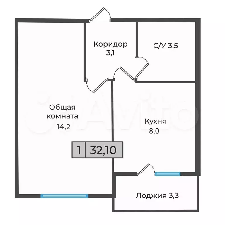 1-к. квартира, 32,1 м, 3/5 эт. - Фото 0