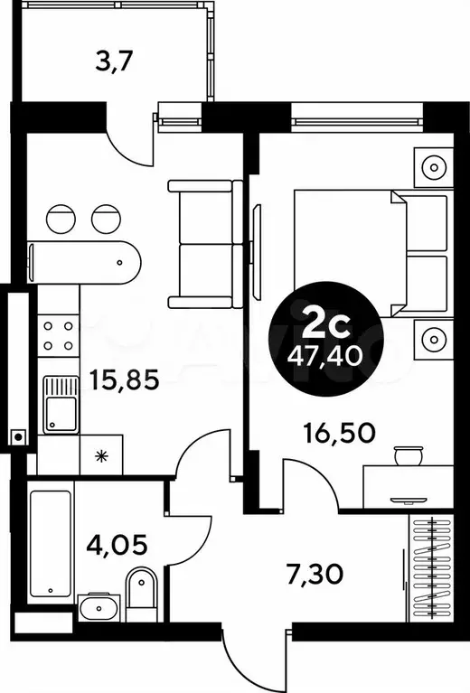 1-к. квартира, 47,4 м, 5/9 эт. - Фото 0