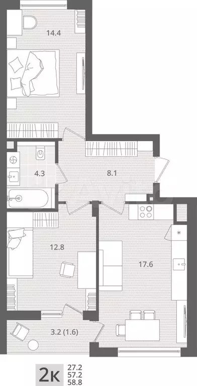 2-к. квартира, 58,8 м, 1/7 эт. - Фото 1