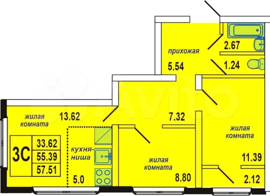 3-к. квартира, 57,8 м, 2/18 эт. - Фото 0