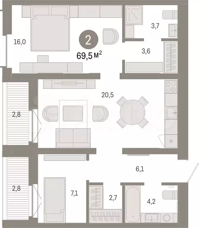 2-к. квартира, 69,5 м, 2/16 эт. - Фото 1