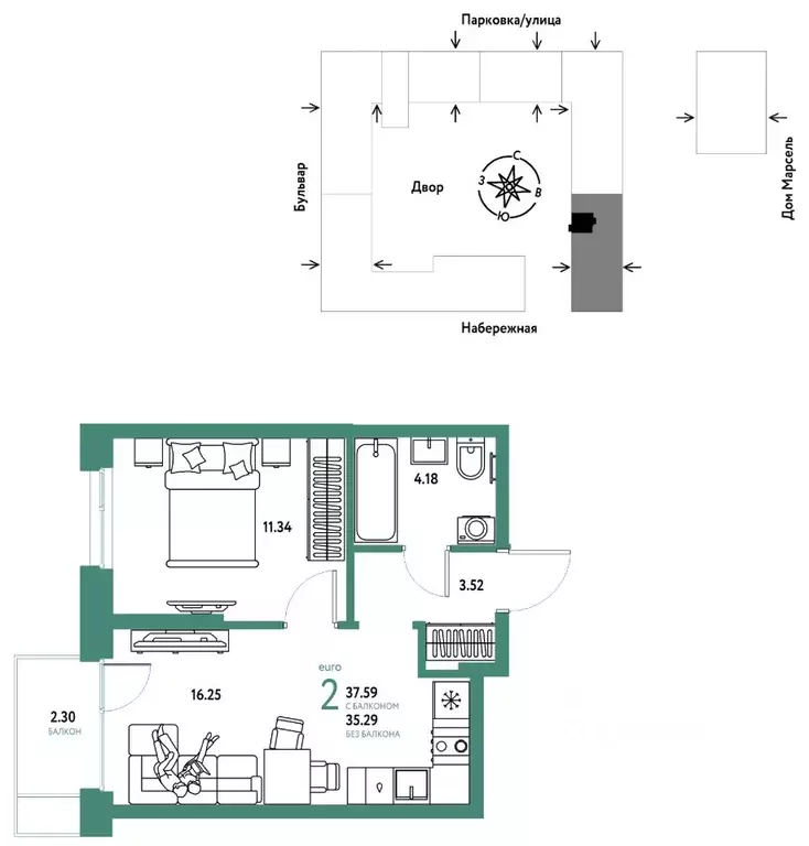 2-к кв. Тюменская область, Тюмень Береговая ул., 100к2 (37.59 м) - Фото 1