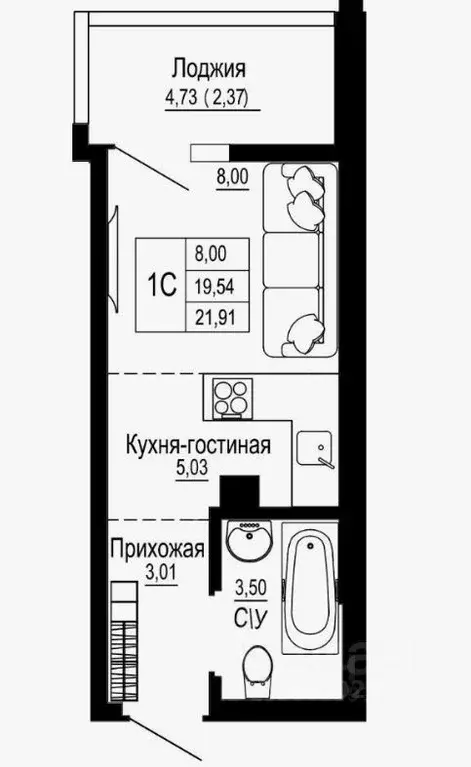 Студия Ростовская область, Ростов-на-Дону Привокзальная ул. (22.0 м) - Фото 1