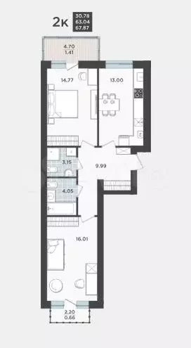2-к. квартира, 63 м, 9/9 эт. - Фото 1
