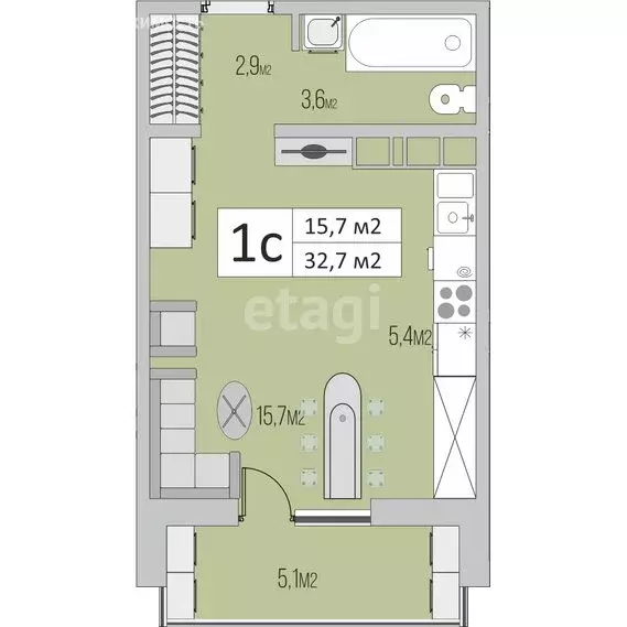 Квартира-студия: Оренбург, улица Гаранькина, 25/1 (32.7 м) - Фото 1