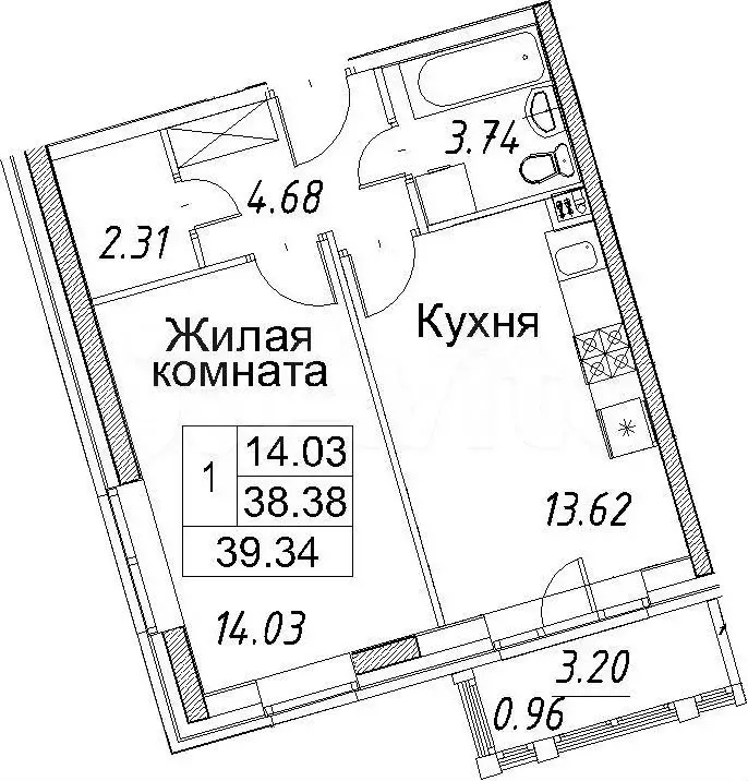 1-к. квартира, 39,3 м, 2/2 эт. - Фото 0