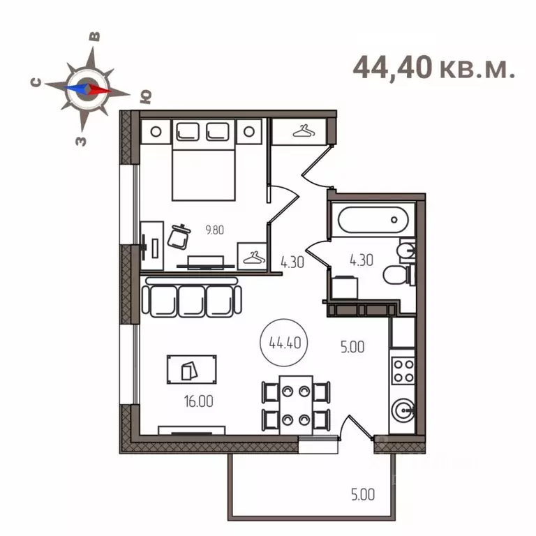 2-к кв. Карелия, Петрозаводск Мичуринская ул., 34 (44.7 м) - Фото 0