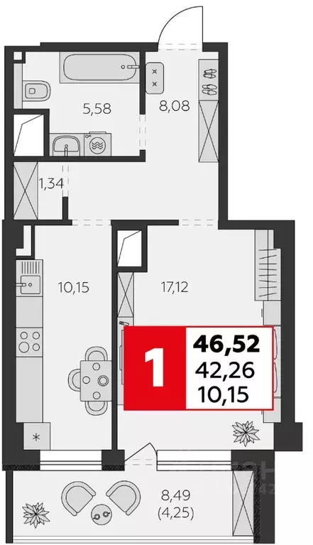 1-к кв. Ростовская область, Батайск ул. Воровского, 53 (46.52 м) - Фото 1