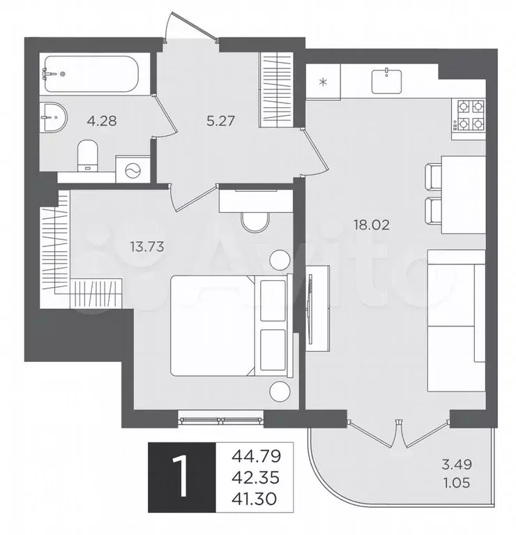 1-к. квартира, 45 м, 2/4 эт. - Фото 1