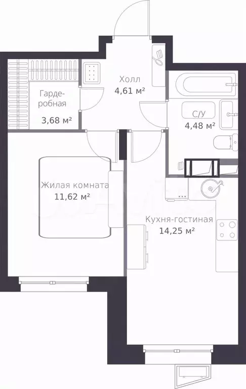 1-к. квартира, 38,6 м, 4/11 эт. - Фото 1