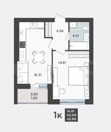 1-к. квартира, 43,9 м, 2/9 эт. - Фото 1