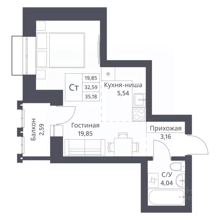 Студия Новосибирская область, Новосибирск Игарская ул., 40/2 (32.59 м) - Фото 0