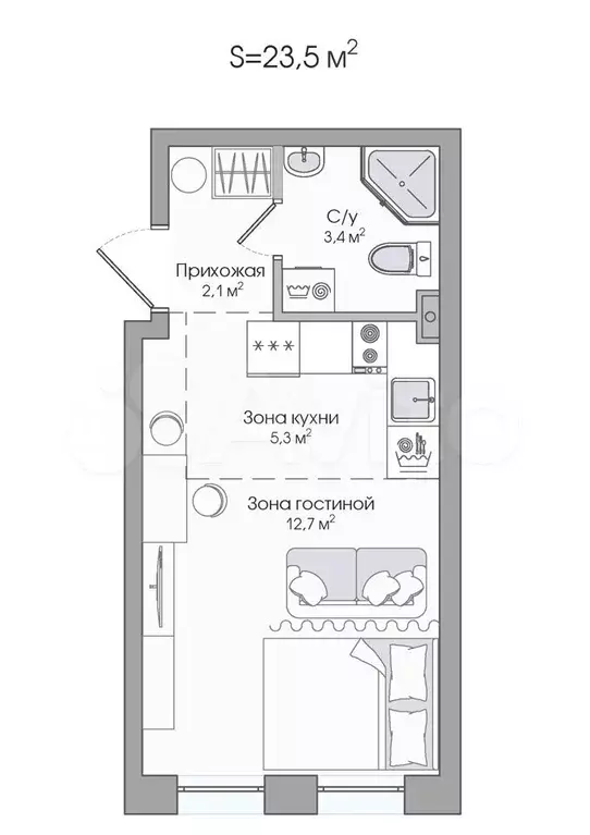 1-к. квартира, 23,5 м, 3/4 эт. - Фото 0