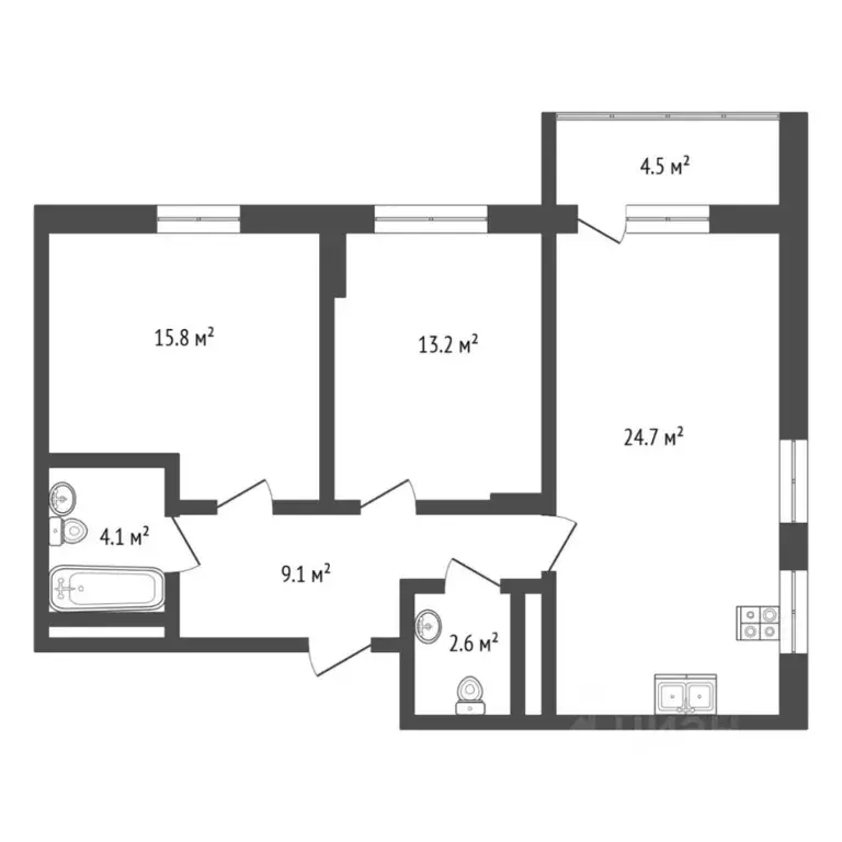 2-к кв. Тюменская область, Тюмень Интернациональная ул., 199А (70.0 м) - Фото 1