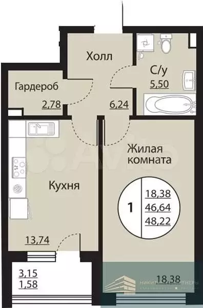 1-к. квартира, 48,2 м, 2/24 эт. - Фото 0