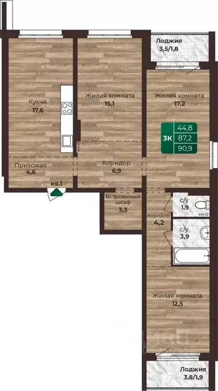 3-к кв. Алтайский край, Барнаул ул. 6-я Нагорная, 15в/к1 (90.9 м) - Фото 0