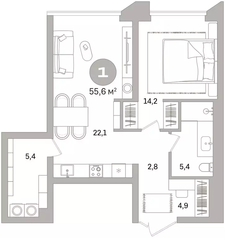 1-комнатная квартира: Екатеринбург, улица Гоголя, 21 (55.57 м) - Фото 2